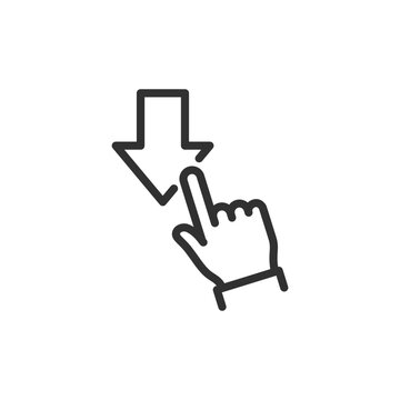 Finger pressing downward arrow, linear icon. Downward selection, decrease adjustment and interface navigation. Line with editable stroke.