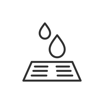 Storm drain with falling raindrops, linear icon. Rainwater drainage, surface runoff collection and urban stormwater system. Line with editable stroke.