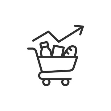 Shopping cart with groceries and upward arrow, linear icon. Food price inflation, rising grocery costs and consumer spending growth. Line with editable stroke.