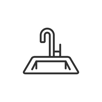Sink with faucet, linear icon. Washbasin, plumbing fixture and handwashing facilities. Line with editable stroke.