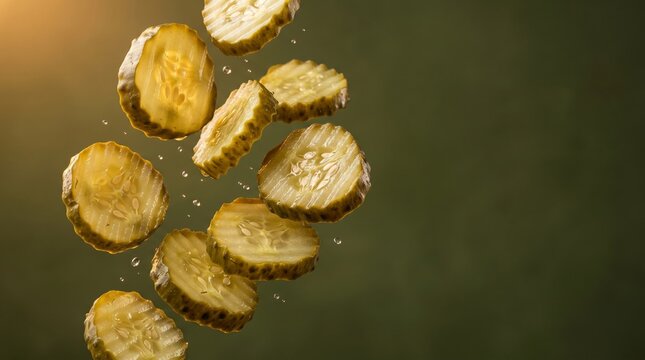 Sliced pickles floating in air, fresh dill pickles slices and whole pickles floating in air, Sliced pickles floating in air