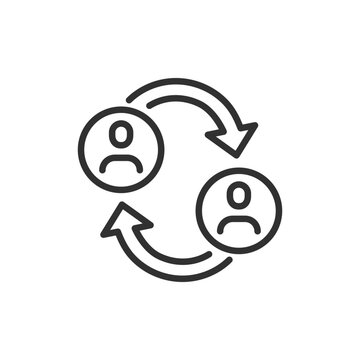 Two user profiles with circular arrows, linear icon. Employee rotation, personnel exchange and role reassignment. Line with editable stroke.