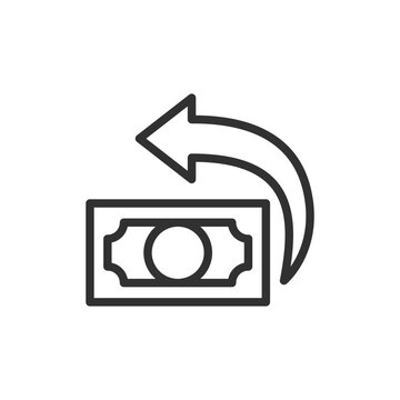 Banknote with return arrow, linear icon. Refund, payment reversal and transaction dispute resolution. Line with editable stroke.