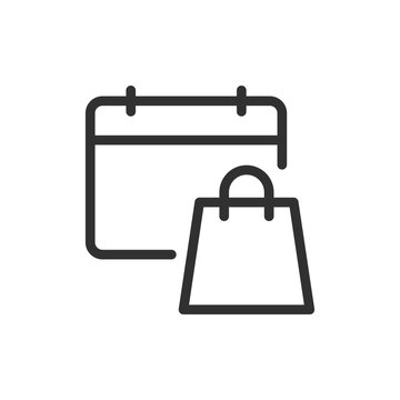 Calendar with shopping bag, linear icon. Deferred purchase, scheduled payment and planned shopping date. Line with editable stroke.