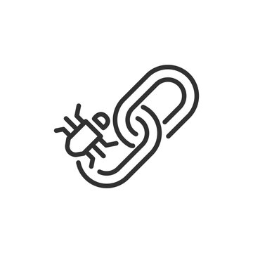 Chain link with plug, linear icon. Malicious link, infected connection and cybersecurity threat. Line with editable stroke.