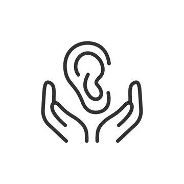 Ear held by protective hands, linear icon. Hearing care, auditory health and hearing protection. Line with editable stroke.