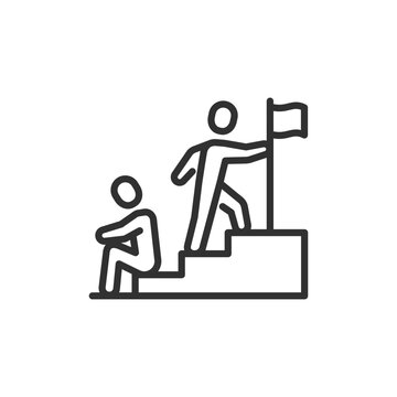 Two people with staircase and flag, linear icon. Mentorship, inspiration and progress toward goal achievement. Line with editable stroke.