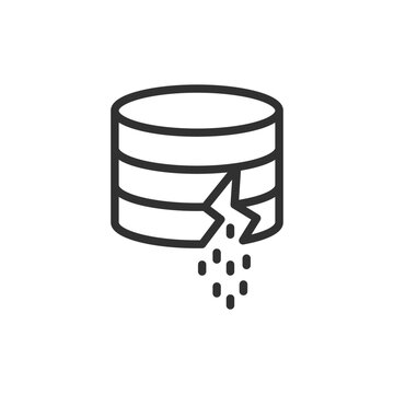 Database with cracked surface and leaking particles, linear icon. Data leakage, database corruption and information loss. Line with editable stroke.