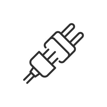 Electrical plug with adapter, linear icon. Power connection, plug conversion and electrical compatibility. Line with editable stroke.