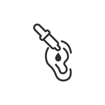 Ear with medicine dropper, linear icon. Ear drop administration, otitis treatment and otological care. Line with editable stroke.
