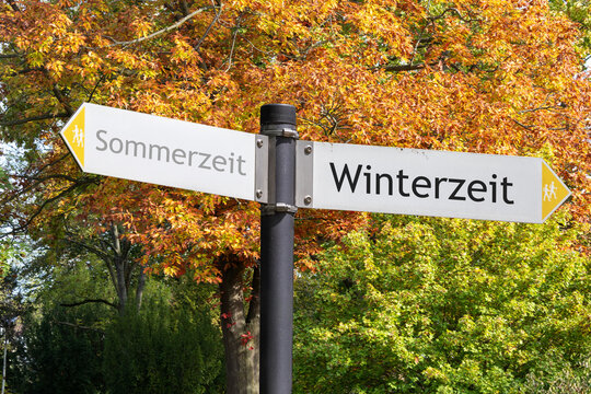 Richtungspfeile vor B&auml;umen mit herbstlich gef&auml;rbtem Laub zeigen in die Richtungen Sommerzeit und Winterzeit
