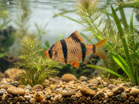 Tiger barb fish swimming near aquatic plants in freshwater aquarium