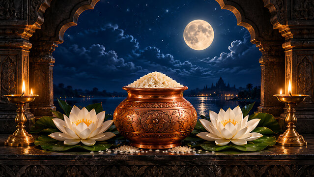 Beautiful copper pot overflowing with rice flanked by fresh white lotuses and lit oil lamps for sharad purnima and kojagori lakshmi puja