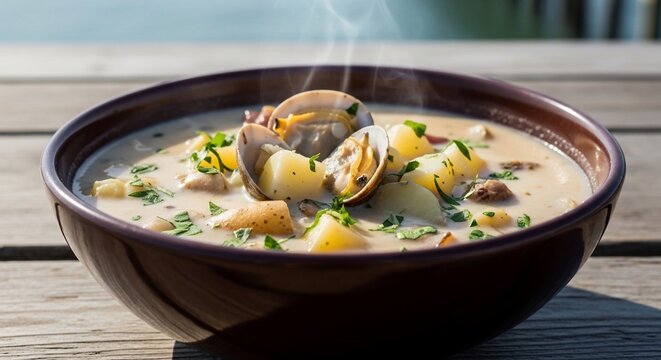 Delicious bowl of clam chowder soup.
