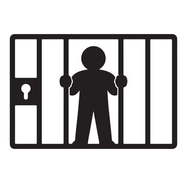 Black silhouette of a prisoner behind metal bars in jail cell