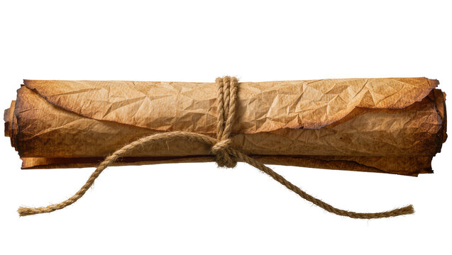 Aged parchment scroll tied with rough jute twine, isolated on transparent background