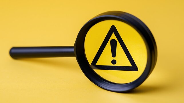 Black magnifying glass focusing on yellow warning triangle with exclamation mark against bright yellow background