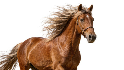 Majestic brown horse with flowing mane, isolated on transparent background © Denis