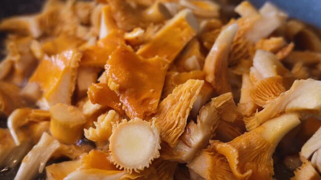 Macro video of chopped golden chanterelle mushrooms cooking in hot oil, highlighting their intricate ridged surfaces, warm orange color, and moist texture