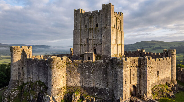 Medieval Stone Castle with Tall Keep Tower and Fortified Walls