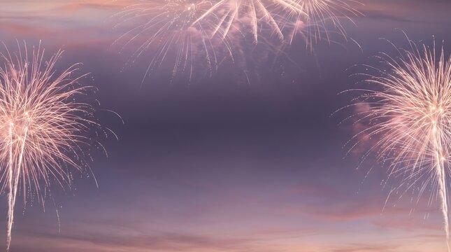 Beautiful golden fireworks exploding against a soft sunset sky with pastel clouds and copy space