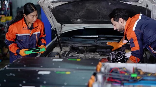 Asian woman technician reads a green diagnostic scanner as a bearded colleague leans into the open hood of a white car, lithium battery pack blurred in the foreground
