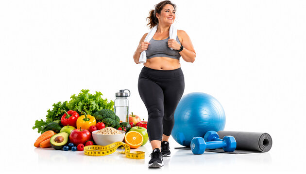 Smiling curvy woman in sportswear with fitness equipment, fresh fruits and vegetables, promoting healthy eating, weight loss, balanced nutrition and an active lifestyle on white background