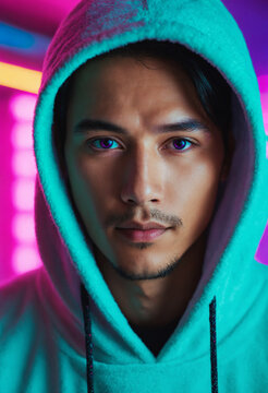 young asian man wearing a turquoise hooded sweatshirt with drawstrings showing a calm expression against a bright purple and pink neon illuminated wall
