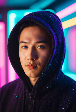 young asian man wearing a dark glittery hooded sweatshirt with drawstrings showing a neutral expression against a vibrant cyan and pink neon illuminated background