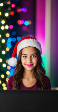 young teenager wearing a red santa hat and dark maroon top smiling pleasantly with bright pink lips in front of a colorful bokeh lights background