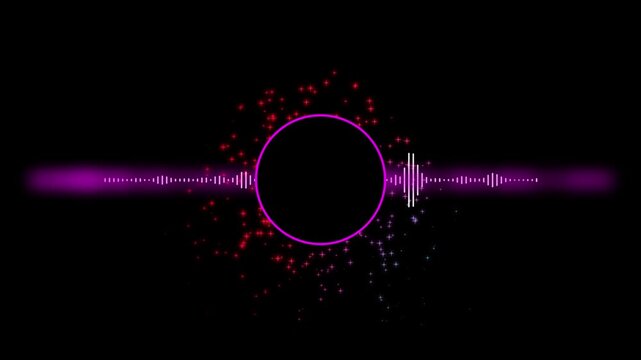 Black background pink circle sound wave equalizer stars sparkles neon lights glow.