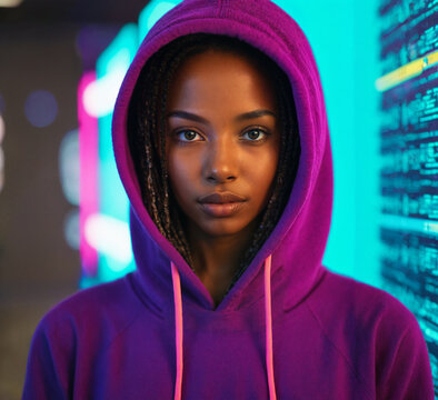young adult black woman wearing a purple hoodie with pink drawstrings inside a high tech server room illuminated by bright cyan and magenta neon lights