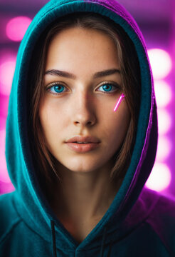 young adult woman wearing a teal hoodie with the hood pulled up indoors under bright neon pink lights alongside glowing bokeh and a thin bright pink light line across her face
