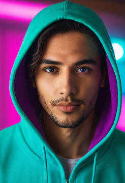 close up portrait of handsome bearded man wearing bright turquoise hoodie with purple lining and glowing purple eyes under colorful neon lights in indoor setting