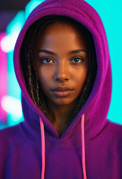 close up portrait of young black woman wearing purple hoodie with pink drawstrings under colorful glowing neon lights in a vibrant urban nightlife setting