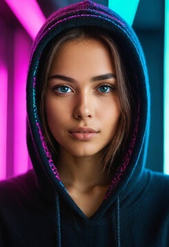 young adult woman wearing a dark hooded sweatshirt with a colorful patterned inner lining framed by vertical cyan and pink neon light strips in a dark setting
