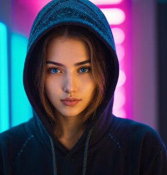 young adult woman wearing a black hoodie with the hood pulled up indoors under warm and cool neon lights producing colorful glowing bokeh in the background