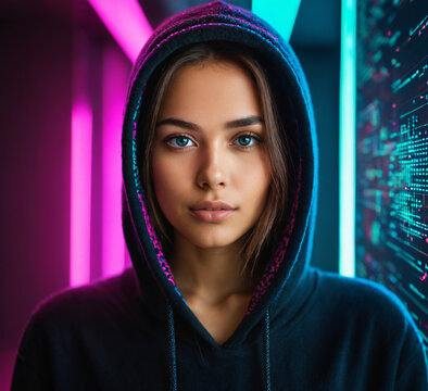 young adult woman wearing a dark hoodie indoors next to a glowing tech interface screen displaying lines of green code against pink and cyan neon lights