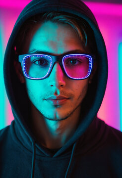young man in dark hoodie with glowing blue led glasses under neon pink and cyan lights