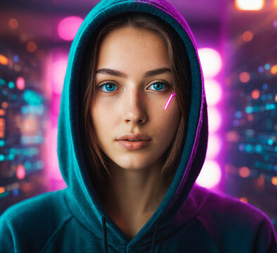 young adult woman wearing a teal hoodie with her hood pulled up against a colorful neon bokeh background with a glowing pink light streak across her face