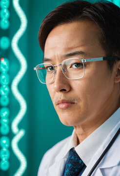 asian man in white lab coat and silver glasses against glowing turquoise dna helix background