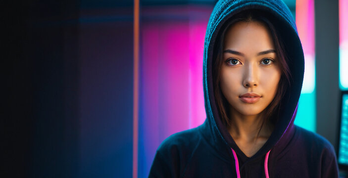 young asian woman in black hoodie with hood up and pink drawstrings under neon pink and blue lights