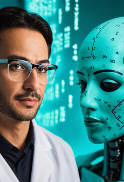 man with glasses and short beard next to turquoise robot head with circuit markings against digital matrix background
