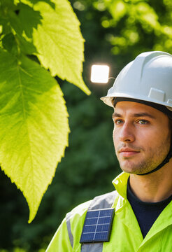 young man in white hard hat and yellow high visibility jacket with solar panel patch outdoors near green leaves
