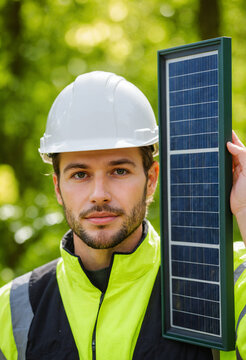 young man in white hard hat and yellow high visibility vest holding rectangular solar panel outdoors