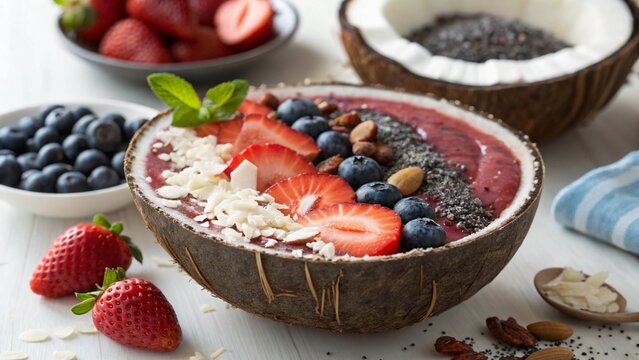 Acai smoothie bowl in coconut shell