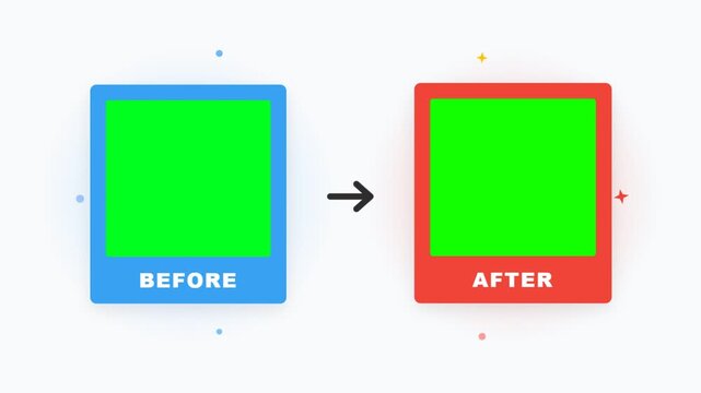 Animated comparison diagram featuring before and after rectangular frames with placeholders