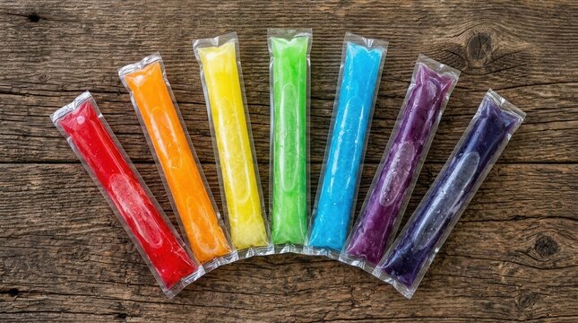 An arc of individually wrapped tubular freeze pops in a rainbow array on a rustic wooden background