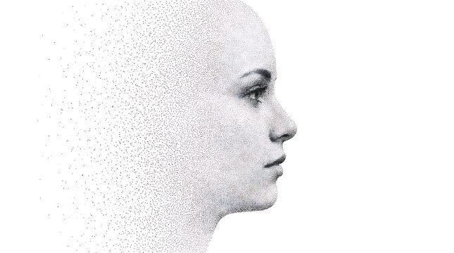 Profile view of a human face dissolving into floating particles with portrait
