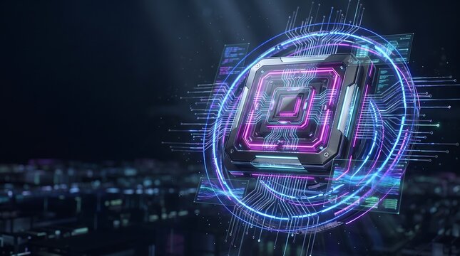 A futuristic digital world globe displays bright glowing network connections beautifully overlaid upon a softly blurred city skyline at night